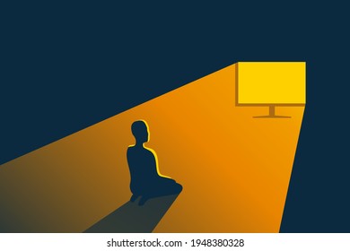 TV addiction concept - person in spotlight sitting and looking at television screen. Vector illustration