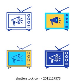 TV advertising icon set in flat and line style. Television marketing and promotion symbol. Vector illustration.