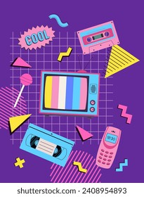 Fernsehästhetisches Poster der 90er Jahre. Fernseher im Retro-Stil und Vintage-Kassette, Telefonhintergrund. Vektorgrafik