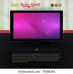 TV contra la pared con papel pintado. Plantilla de sitio web