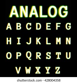 TV or analog display static noise effect font. Vector illustration in RGB colors. Color distortion alphabet. 