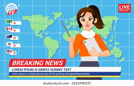 TV anchor woman reader on a television program reporting news with world map infographic background