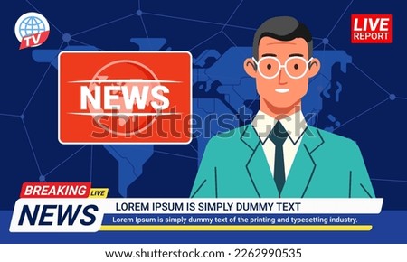 TV anchorman reader on a television program reporting news with world map background