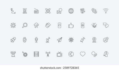 TV and antenna, chat messages in social media and radio, email thin black outline symbols vector illustration. Digital device, technology for online connection and data exchange line icon set