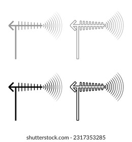 TV antenna and wave set icon grey black color vector illustration image solid fill outline contour line thin flat style