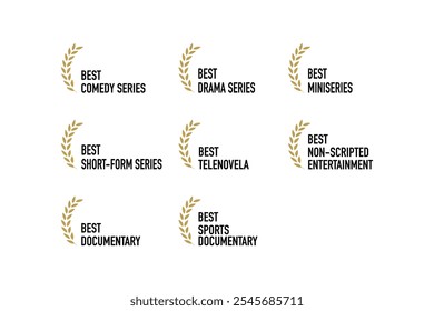 TV awards nomination and winner - best television series, drama, comedy, telenovela, documentary, non scripted, sport - black, golden and white vector icon set