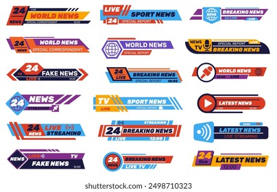 TV banners. Breaking news broadcasting interface. Video channel headline bars design. Text header elements. Simple sport frame signs. Mass media templates. Lower displays