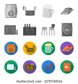 TV, bar counter, chairs and armchairs, potato chips.Pub set collection icons in monochrome,flat style vector symbol stock illustration web.