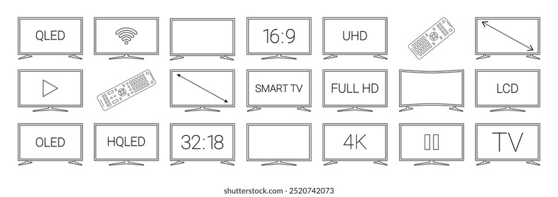 TV black line icon set. Different types of tv displays with signs. HD, TV, Play, remote icons. Pictogram for web page, mobile app, promo. Editable stroke. . Vector illustration