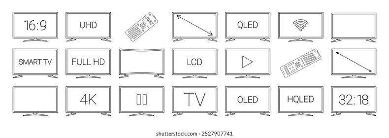 TV black line icon set. Different types of tv displays with signs. HD, TV, Play, remote icons. Pictogram for web page, mobile app, promo. Editable stroke. . Vector illustration