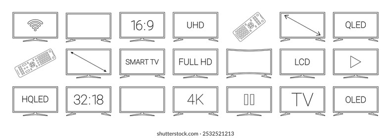 TV black line icon set. Different types of tv displays with signs. HD, TV, Play, remote icons. Pictogram for web page, mobile app, promo. Editable stroke. . Vector illustration