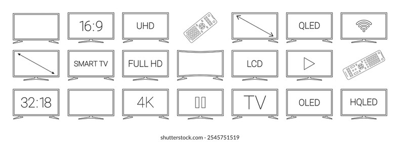 Conjunto de iconos de línea negra de TV. Diferentes tipos de pantallas de televisión con carteles. HD, TV, Play, iconos remotos. Pictograma para la página de Web, App móvil, promoción. Trazo editable. . Ilustración vectorial