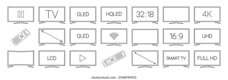 Conjunto de iconos de línea negra de TV. Diferentes tipos de pantallas de televisión con carteles. HD, TV, Play, iconos remotos. Pictograma para la página de Web, App móvil, promoción. Trazo editable. . Ilustración vectorial