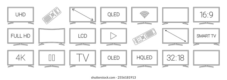 TV black line icon set. Different types of tv displays with signs. HD, TV, Play, remote icons. Pictogram for web page, mobile app, promo. Editable stroke. . Vector illustration