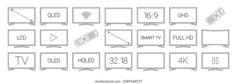 TV black line icon set. Different types of tv displays with signs. HD, TV, Play, remote icons. Pictogram for web page, mobile app, promo. Editable stroke. . Vector illustration