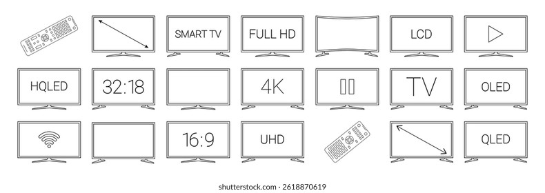 TV black line icon set. Different types of tv displays with signs. HD, TV, Play, remote icons. Pictogram for web page, mobile app, promo. Editable stroke. . Vector illustration
