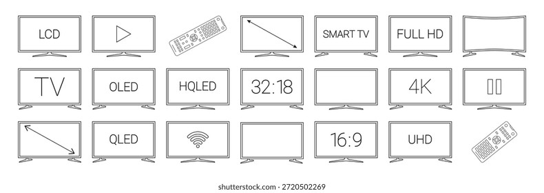 TV black line icon set. Different types of tv displays with signs. HD, TV, Play, remote icons. Pictogram for web page, mobile app, promo. Editable stroke. . Vector illustration