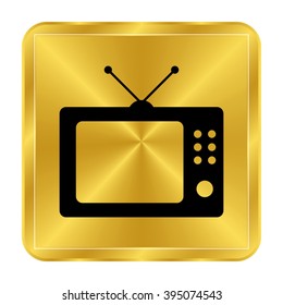 TV - black vector icon;  gold button