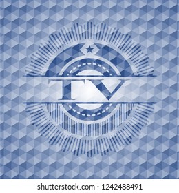 TV blue emblem with geometric pattern.