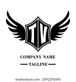 TV bold shield logo with wings, customizable with letters A to Z. Perfect for brands seeking a powerful symbol of strength, freedom, and ambition