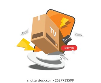 TV box or cardboard box is placed on white round podium in front of smartphone screen, with shopping button on side, serving as advertisement template and showcasing product in online shopping concept