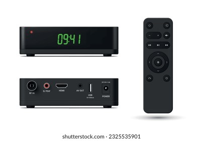 Caja de TV con mando a distancia moderno dispositivo de telecomunicaciones para videocintas de cine ilustraciones vectoriales realistas. Tecnología de comunicación de distancia del controlador de canal estéreo del receptor portátil
