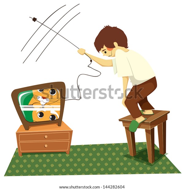 TV. Boy sets\
up an old television,\
illustration