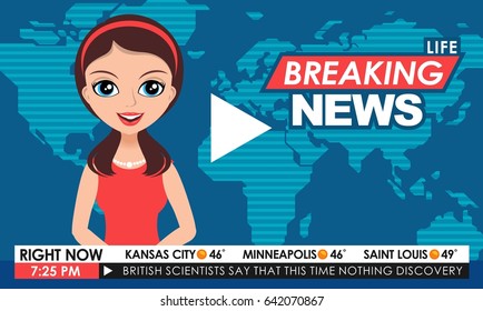 TV breaking news female in red dress in a studio