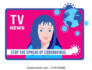 TV breaking news female.covid-19 coronavirus.Vector flat illustration.