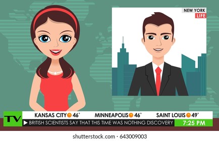 TV breaking news male in a coat & female in red dress teleconference