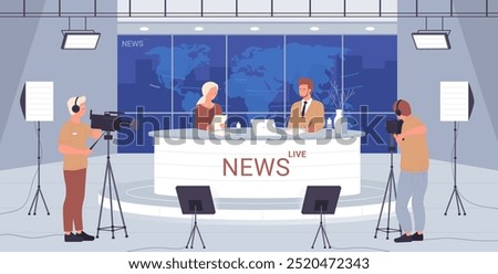 TV breaking news in studio interior with backstage. TV journalists and newscasters sitting at table on stage in spotlight, broadcasting crew with camera recording news show cartoon vector illustration