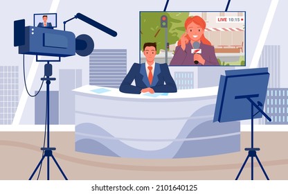 TV breaking news in studio vector illustration. Cartoon scene with live interview of woman journalist holding microphone on screen, presenter sitting at table on stage. Journalism, television concept