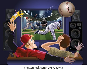 TV broadcast Baseball Championship.
Baseball splits the TV screen and flies inside the room

