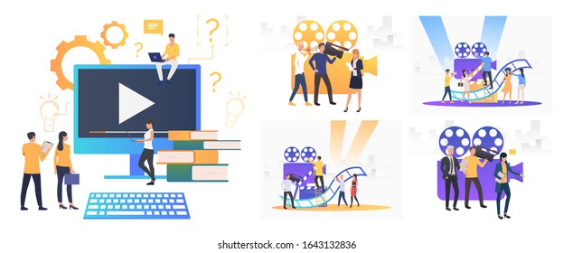 TV broadcast set. Cameraman, director, reporter crew making reportage at camera. Flat vector illustrations. Video, film making concept for banner, website design or landing web page