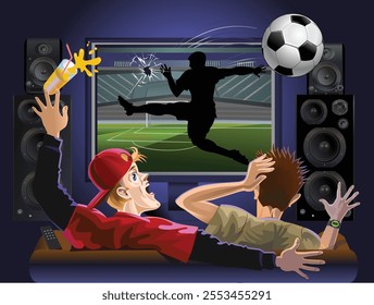 TV broadcast Soccer (football) Championship.
Soccer ball splits the TV screen and flies inside the room