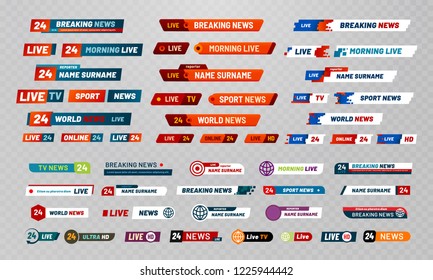 Tv Broadcast Title. Television Broadcasting Channels Banners, Show Titles And News Live Video Banner. Channel Header World Breaking Streaming News Interface. Isolated Icons Vector Set