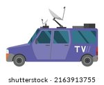 Tv broadcasting vehicle with satellite dish on the roof. Car with antenna for reporting news. Auto side view. Journalist transportation