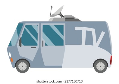 Tv broadcasting vehicle with satellite dish on the roof. Car with antenna for reporting news. Auto side view. Journalist transportation