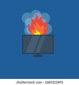 tv is burning, fire damaged tv.Conceptual vector illustration in flat style design.Isolated on background.
