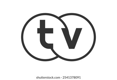 TV business company emblem with outline rounds and letters t v. Logo template of two merged circles for brand identity, logotype. Vector Infinity symbol  and technology sign.