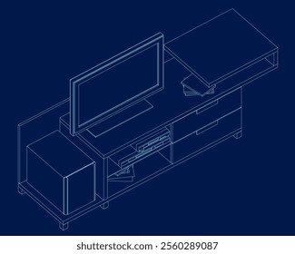 TV cabinet interior with decorative elements, books. Contour vector illustration on blue background. Isometric view