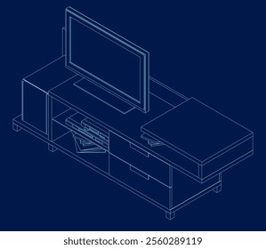 TV cabinet interior with decorative elements, books. Contour vector illustration on blue background. Isometric view