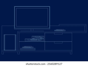 TV cabinet interior with decorative elements, books. Contour vector illustration on blue background. Front view