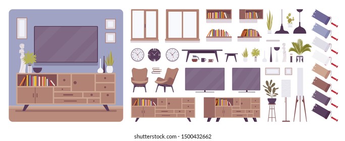 TV cabinet interior and television room design creation set, decor ideas, lounge furniture kit, constructor element to build your own design. Cartoon flat style infographic illustration, color palette