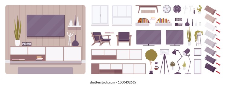 TV cabinet interior and television room design creation set, decor ideas, living room furniture kit, constructor element to build own design. Cartoon flat style infographic illustration, color palette