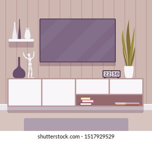 TV cabinet interior. Television set wall mount ideas for cozy living room, entertainment center for friends and family evenings. Vector flat style cartoon illustration