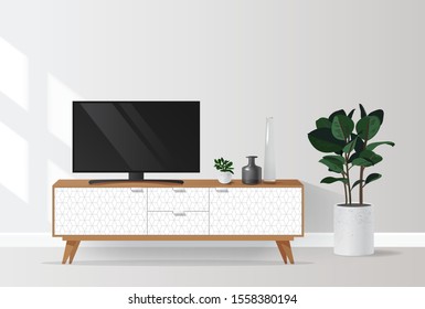 Tv cabinet in modern living room. Vector illustration