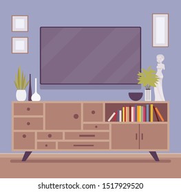 TV cabinet room interior. Equipment for television, movie and entertainment, media system in home theater unit. Vector flat style cartoon illustration