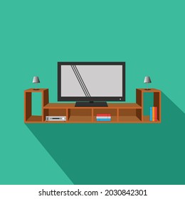 TV Cabinet Room Interior Flat Vector and television room design creation set, decor ideas, lounge furniture, constructor element to build your own design. Cartoon flat-style infographic illustration,