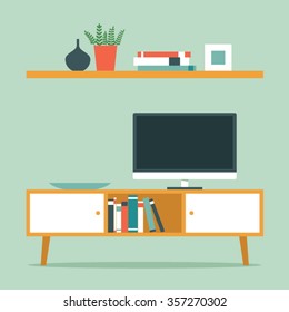 TV Cabinet Room Interior Flat Vector Illustration